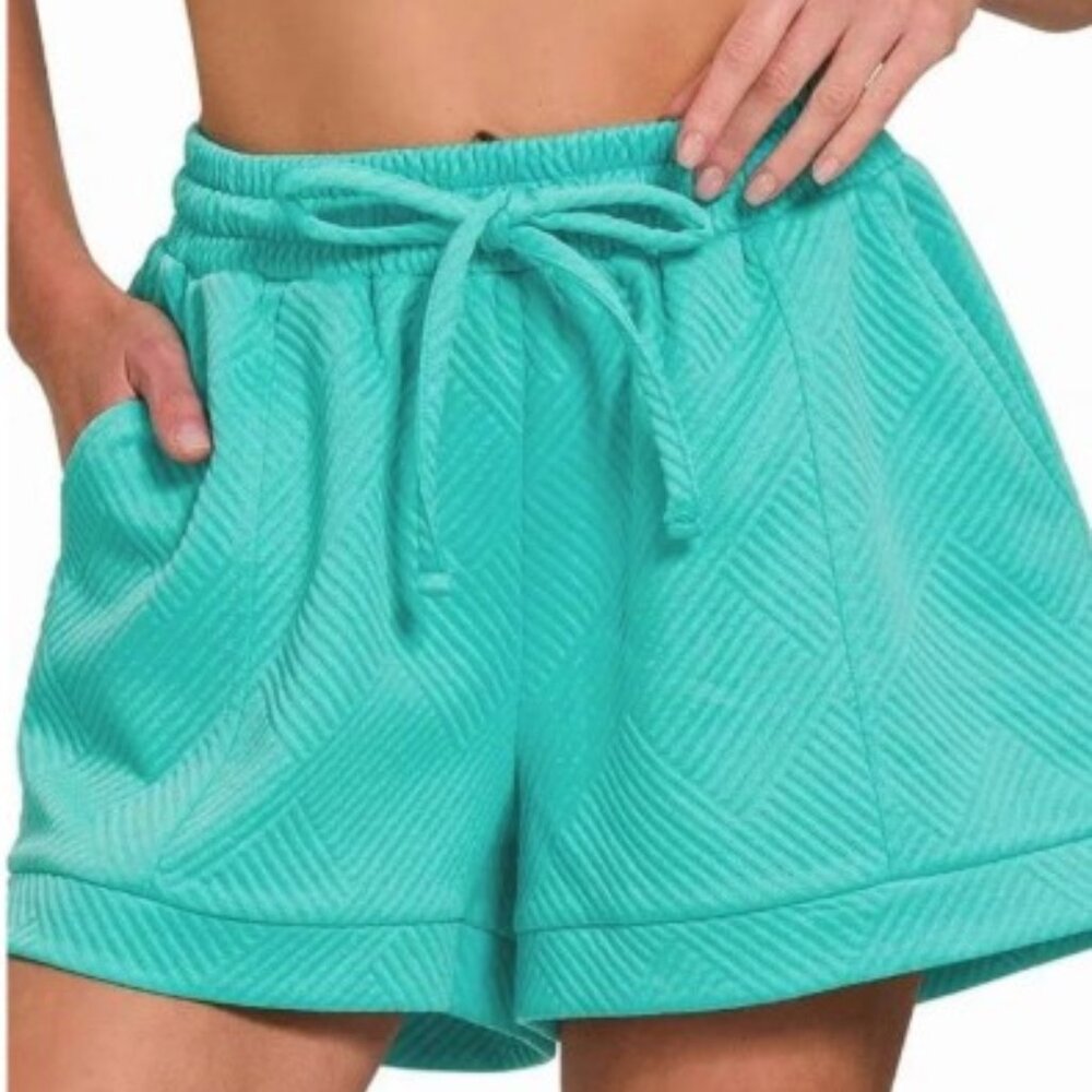 ZENANA TEXTURED KNIT JACQUARD DRAWSTRING SHORTS "TURQUOISE" NEW